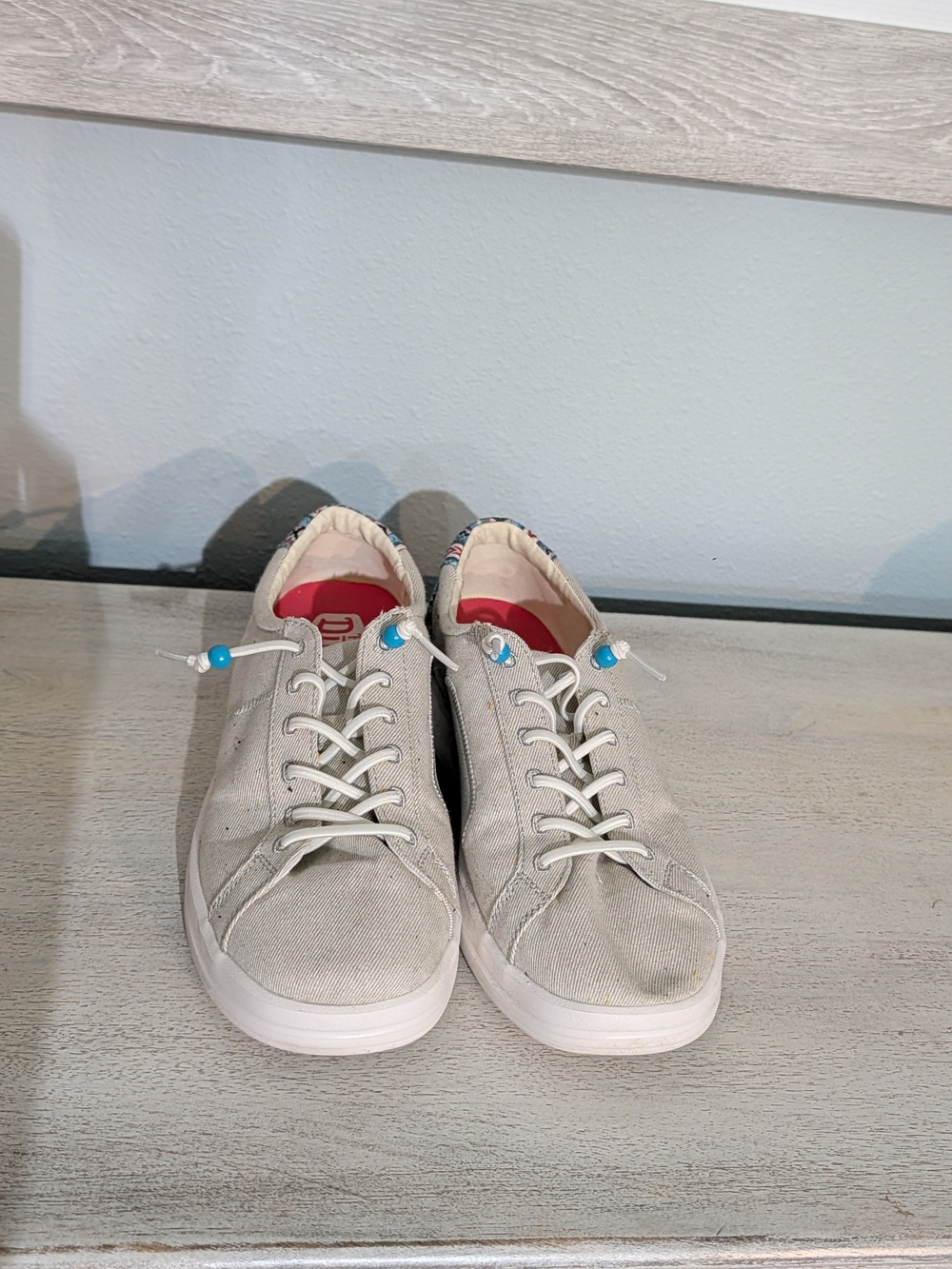 Hey Dude Women’s Canvas Lace-Up Flats in Light Beige with Blue Bead Accents